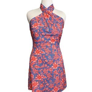 Belle Badgley Mischka Blue Pink Delilah Floral Halter Dress Open Back Sundress 8